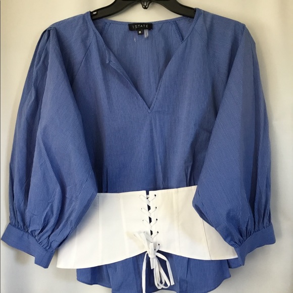 1. State Tops - 1. State Blue White Stripe Corset Waist Top Sz M